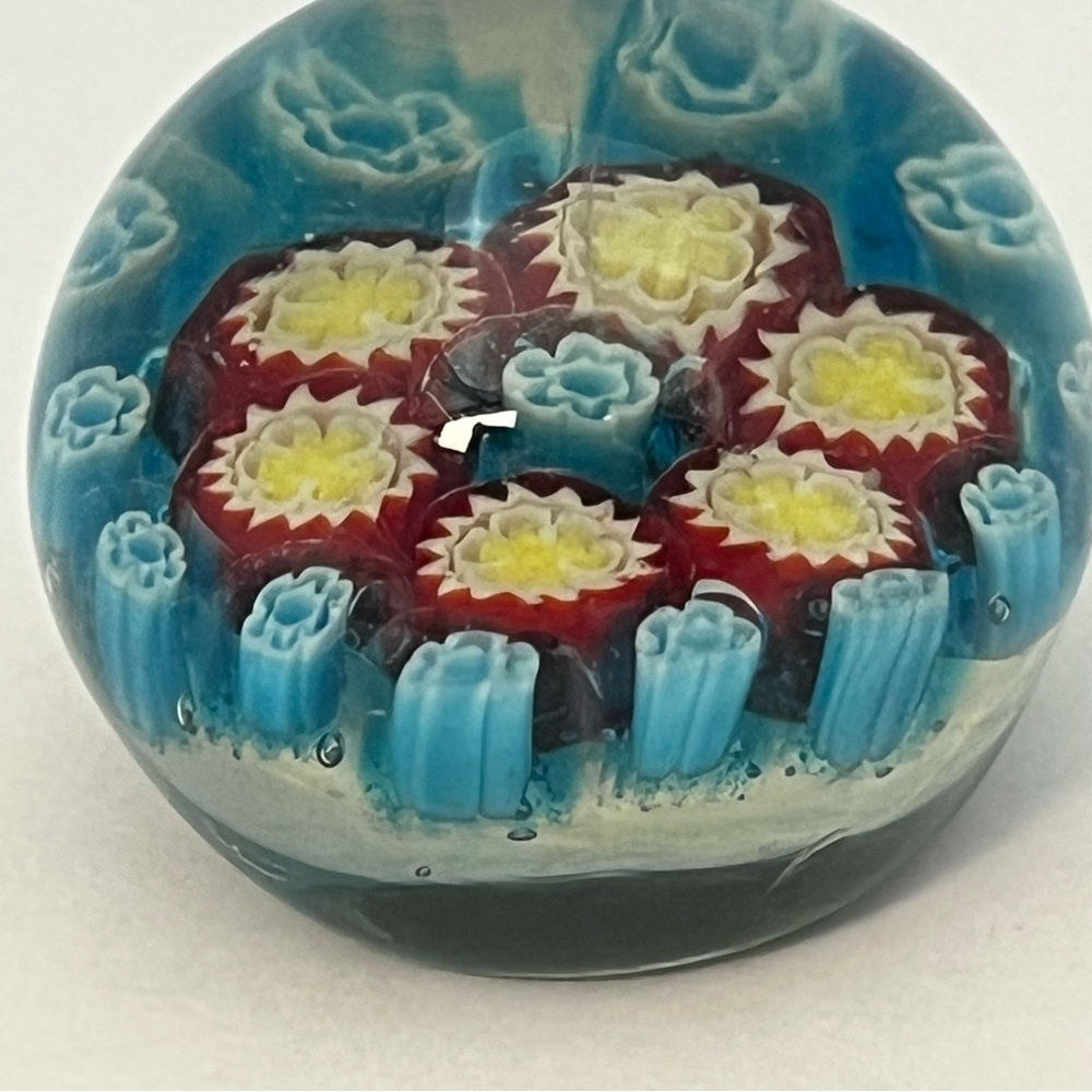 Small Vintage Art Glass Millefiori Murano Style Paperweight Red Blue Yellow - Picture 2 of 14